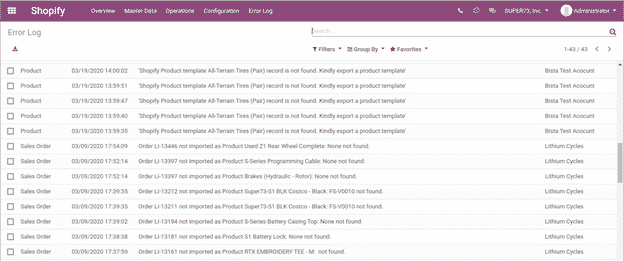 Error Log: Here you can see all the error logs there were generated during export or import of records. It will show description, date, object for which error occurred and shopify configuration